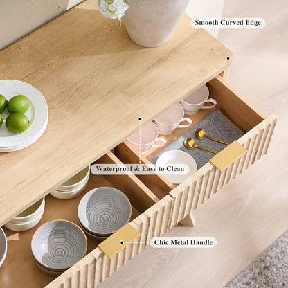 T4TREAM 60 Inch Fluted Buffet Sideboard Cabinet, Natural Oak | Modern Coffee Bar Storage Cabinet With 3 Drawers, for Dining Room, Living Room, Hallway, Oak Wood Grain, Adjustable shelves - color: Natural Oak