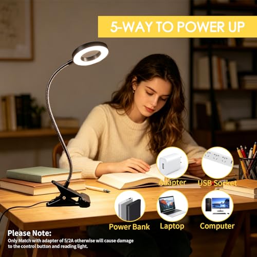 Desk Clip on Lamp for Reading Home Office, Book Light, 10 Dimmable Brightness 3 Modes, Clamp Light for Bed Headboard