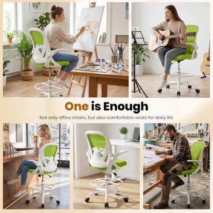 Primy Drafting Chair Tall Office Chair with Flip-up Armrests Executive Ergonomic Computer Standing Desk Chair with Lumbar Support and Adjustable Footrest Ring (Green) - color: Green, size: 934-Z