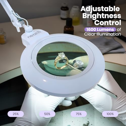 Neatfi XL Bifocal LED Magnifying Lamp, 7” Acrylic Lens, 2.25X/6X Magnification, 1,600 Lumens Dimmable | Hands-Free Close Work | Crafting, Jewelry & Reading (White, 7-inch Lens, Non-CCT with Clamp) - color: White, size: 7-inch Lens, Non-CCT with Clamp