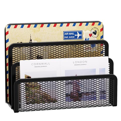 Marbrasse Mail Organizer for Desk, 3-Slot Mesh Metal Mail Holder countertop, Letter Holder, Office Desktop Envelope and Document Storage Rack (Black) - color: Black