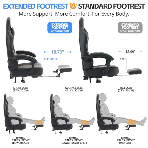 Desk Computer Gaming Chair - Ergonomic Game Office Chair with Extended Footrest and Massage Lumbar Support, Home Gamer Video Game Chairs with Spring Cushion for Adults (Pro Black Leather) - color: Pro Black Leather
