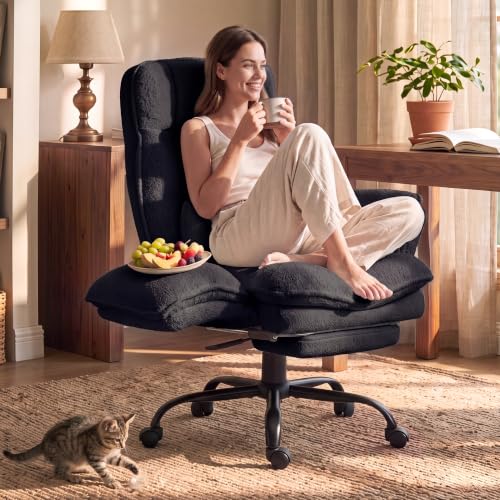 Wider Seat Office Chair with Flip Armrests for Criss Cross Legged&Cats, Big and Tall Executive Ergonomic Reclining Chair with Footrest&Lumbar Pillow, Teddy Fleece Desk Chair,Black Vanity Chair - color: Black