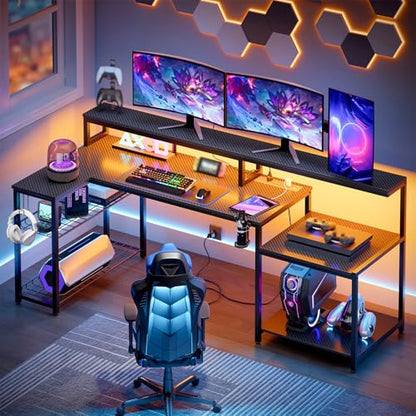 Bestier 71.5 Inch L‑Shaped Gaming Desk with LED & Power Outlets, Black | Large Desk with Monitor Stand, Adjustable Shelf & Printer Stand, Cup Holder, Headset Hooks for Gaming & Home Office - color: Black Carbon Fiber