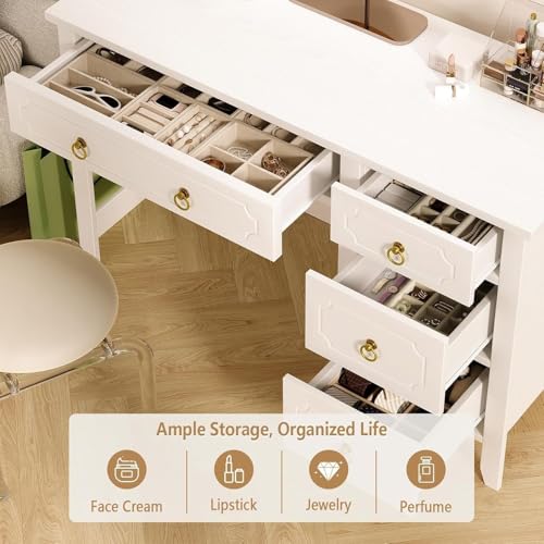 MaverickFurni 45" White Desk with Drawers, Small Desk with Golden Handle | Home Office Desk with Storage for Bedroom, Make Up Vanity Desk with Gold Accents for Girls, White