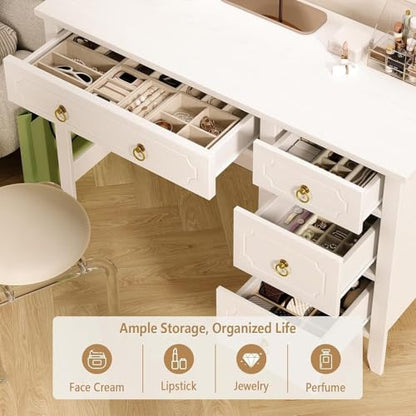 MaverickFurni 45" White Desk with Drawers, Small Desk with Golden Handle | Home Office Desk with Storage for Bedroom, Make Up Vanity Desk with Gold Accents for Girls, White