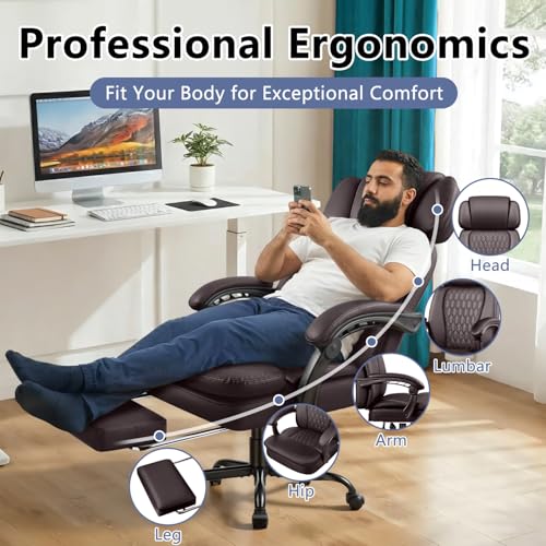 Office Desk Chair with Foot-Rest 400lbs, Heavy Duty Executive Office Chair, Comfy High Back Ergonomic PU Leather Reclining Desk Chair with Lumbar Support, Brown - color: Brown