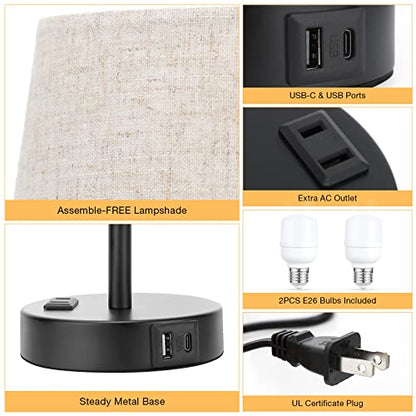 Bedside Table Lamps Set 2 for Bedroom - Dimmable Touch, USB C+A, AC Outlet | 14.5" Mini Lamp, 3-Way Dimmable, LED Bulbs Included, Trapezoid Barrel Fabric Lampshade, Nightstand Light for Guest Room, Kids - color: Beige
