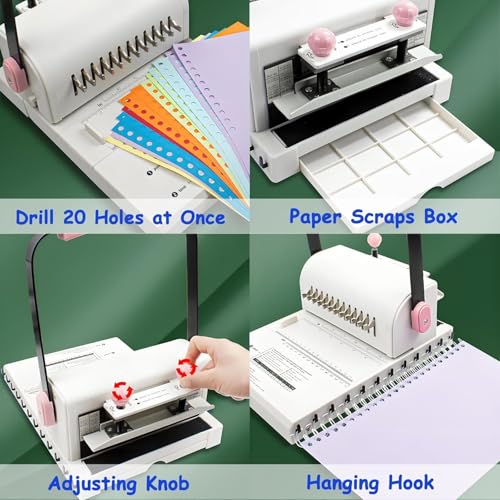 Electric Hole Puncher Double Coil Binding Machine with Ruler - Punches Up to 20 Sheets for Notebooks, DIY Projects, and Paper Crafting