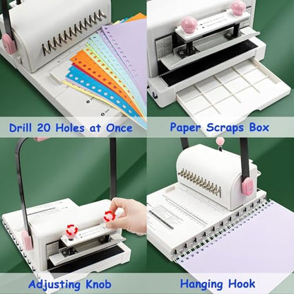 Electric Hole Puncher Double Coil Binding Machine with Ruler - Punches Up to 20 Sheets for Notebooks, DIY Projects, and Paper Crafting