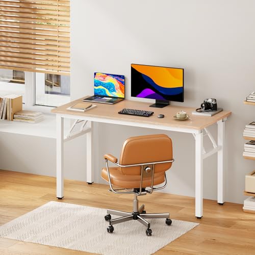 DlandHome 47 Inch Folding Computer Desk, Fully Assembled, Pink Oak - color: Pink Oak + White, size: 47 Inches
