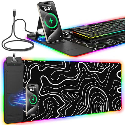 RGB Mouse Pad with Foldable Phone Stand Wireless Charger, 31.5"x11.8" XL Gaming Mousepad Large Desk Mat, Desk Pad with 11 Colors 5 Modes, Waterproof - color: Black Touch Control Stand XL Topographic
