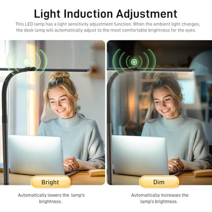 LED Desk Lamp for Home Office, Eye-Caring Desk Light with Clamp, 24W Double Head Architect Task Lamp Stepless Dimming, Flexible Gooseneck Bright Table Lamp for Study Reading Workbench Drafting