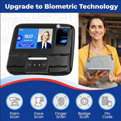 Biometric Time Clock + Online Reports: Face, Palm, Finger, Badge & PIN