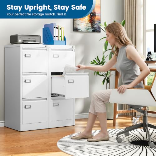 PEUKC 3-Drawer File Cabinet with Lock, 16.3" Deep Vertical Filing Cabinets, Metal File Cabinets for Home Office, Anti-Tip 3 Storage Drawers for Letter/Legal/A4/F4 Size (Assemble Required, White) - color: White, size: 40.6"H