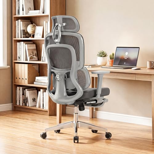 Ergonomic Mesh Office Chair with Footrest, High Back Design | Reclining Desk Chair With 4D Armrests|Adjustable Headrest|Lumbar Support And Breathable Mesh For Comfortable Daily Use - color: Grey