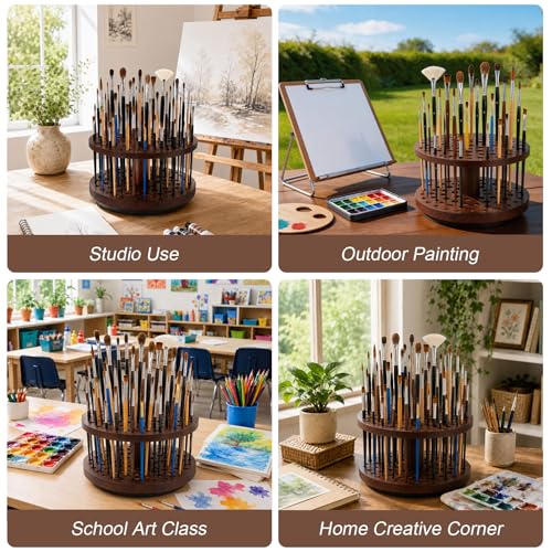 Solid Wood 360° Spinning Paint & Makeup Brush Organizer - color: brown（72 Holes）