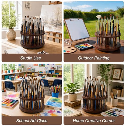 Solid Wood 360° Spinning Paint & Makeup Brush Organizer - color: brown（72 Holes）