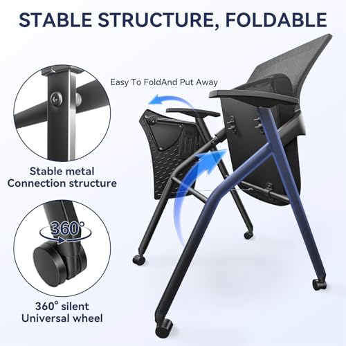 Folding Office Chair, Stackable Conference Chair with Casters and Tabletop | 300 lbs Capacity – Space-Saving for Meeting Room, Reception, Guest (With a writing pad) - size: M1