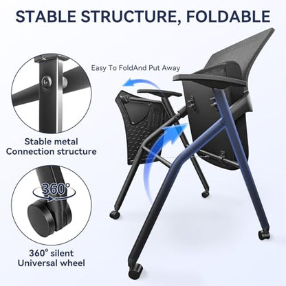 Folding Office Chair, Stackable Conference Chair with Casters and Tabletop | 300 lbs Capacity – Space-Saving for Meeting Room, Reception, Guest (With a writing pad) - size: M1