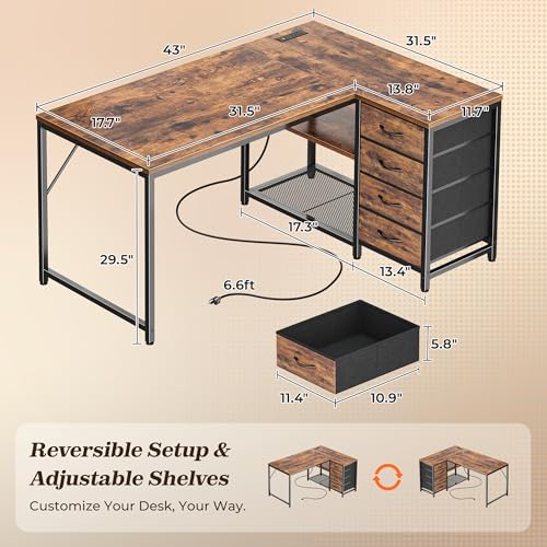 PRAISUN 43.3" Small L Shaped Desk with Power Outlets & 4 Drawers | Reversible Computer Desk with 2 Storage Shelves, Corner Office Desk for Gaming Writing Work Study, Rustic Brown - color: Rustic Brown, size: 43.3 Inch
