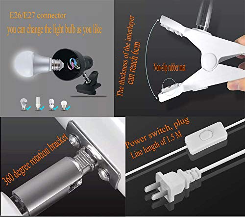 RONG&LAN Desk Lamp, 360 Rotation Clip on Lamp Portable Book Reading Light, Clamp on Desk/Table/Bunk Bed/Cupboard Home Lighting, White - color: White