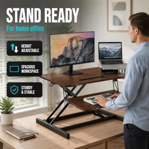 32" Height Adjustable Sit Stand Desk Converter, Dual Monitor Laptop Riser, Black (Desk Converter (Walnut)) - color: Desk Converter (Walnut)