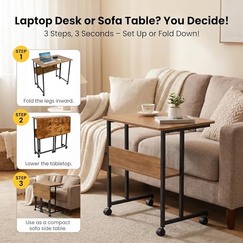 Mobile Foldable Desk w/Wheels and Feet Pads, Foldable Computer Desk, Folding Desk, Small Computer Desk for Small Spaces, Folding Table for Office Bedroom Living Room-Rustic Brown - color: Brown Folding Table