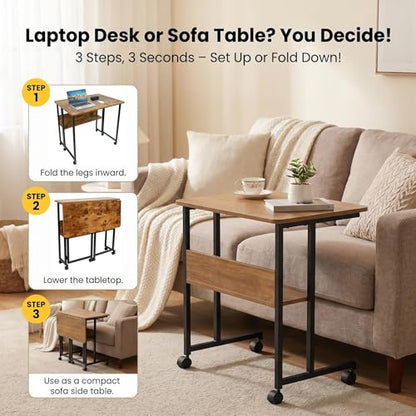 Mobile Foldable Desk w/Wheels and Feet Pads, Foldable Computer Desk, Folding Desk, Small Computer Desk for Small Spaces, Folding Table for Office Bedroom Living Room-Rustic Brown - color: Brown Folding Table