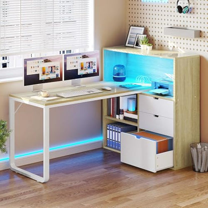YITAHOME 55" L Shaped Corner Computer Desk with Drawers & Power, White Oak - color: White & Oak
