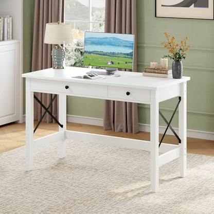 JSB 43.3 Inch White Computer Desk with 2 Drawers for Home Office Bedroom - color: White, size: 43.3 inch
