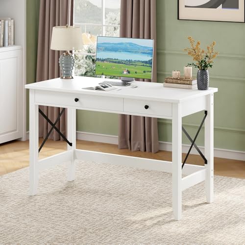 JSB 43.3 Inch White Computer Desk with 2 Drawers for Home Office Bedroom - color: White, size: 43.3 inch