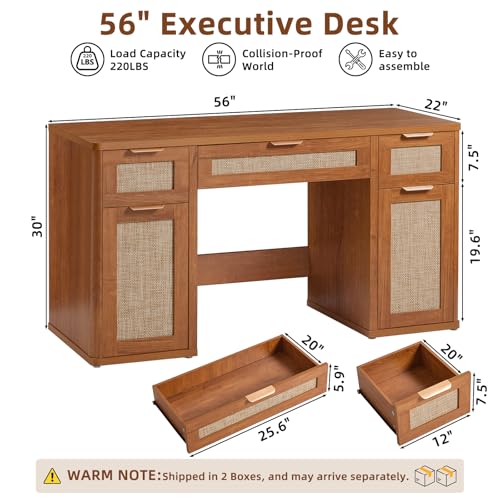 LEYAOYAO Office Desk 56" with 5 Drawers Storage File Cabinet, Tea Brown - color: Tea Brown