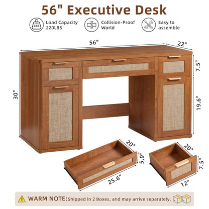 LEYAOYAO Office Desk 56" with 5 Drawers Storage File Cabinet, Tea Brown - color: Tea Brown