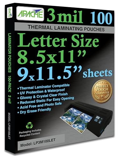 Apache Letter Size Laminating Pouches, 3 Mil, 100 Pack, Holds 8.5 x 11 Inch Projects (9 x 11.5 Inch Pouch Size), Thermal Laminator Compatible Laminating Sheets, Super Clear, Round Corners - size: 100 Pack, style: Letter