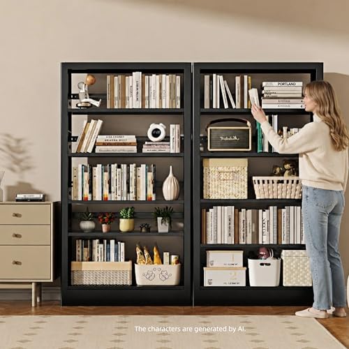 5-Tier Bookcase with Adjustable Storage Shelves, Heavy Duty Bookcase, Metal Bookshelf with Book Stopper, Black Bookcase Shelf for Library, Office, Living Room - color: Black