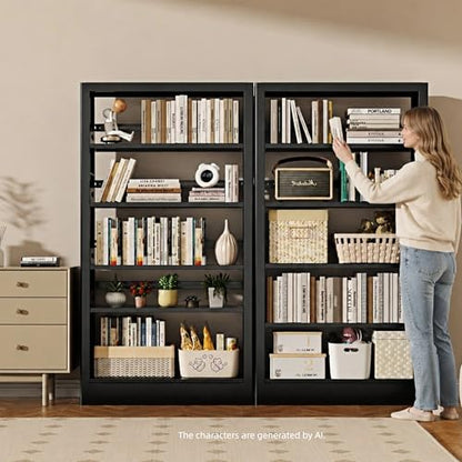 5-Tier Bookcase with Adjustable Storage Shelves, Heavy Duty Bookcase, Metal Bookshelf with Book Stopper, Black Bookcase Shelf for Library, Office, Living Room - color: Black