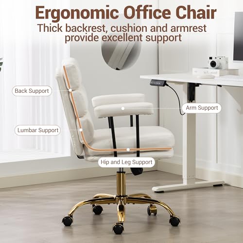 Leather Office Chair with Wheels,Ergonomic Swivel Rolling Task Chair,Padded Seat and Armrests,Adjustable Height Home Desk Chair,Executive Computer Chair, Gold Base Makeup Vanity Chair,White - color: White