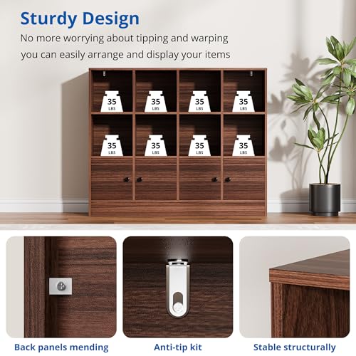 Cozy Castle Brown Wood Bookcase, 12 Cube Display Shelf with 4 Doors, 3 Tier Open Bookshelf with Adjustable Shelves for Living Room, Home Office, Entryway - color: Brown