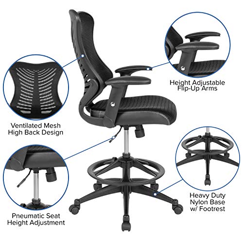 Flash Furniture LeatherSoft Adjustable Drafting Chair, Black | Leather soft Sides, High-Back, Mesh Back