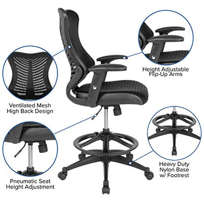 Flash Furniture LeatherSoft Adjustable Drafting Chair, Black | Leather soft Sides, High-Back, Mesh Back