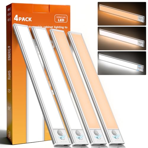 Under Cabinet Motion Sensor Lights, 15.7 inch, 4 Pack | 2400mAh, 74 LED Beads, USB-C Charging, 3 Color Temperatures, Magnetic Battery Operated Lights - size: 15.7inch -4Pack