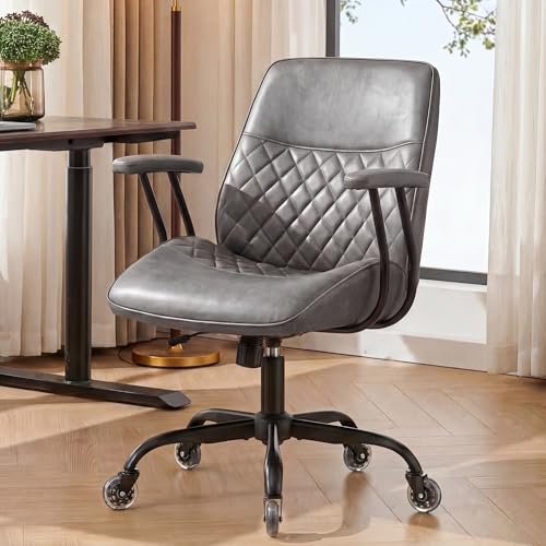 NEO CHAIR Leather Office Chair with Ergonomic Design, Swivel Chair, Grey | Modern Computer Desk Chair with Genuine Leather, Lumbar Support, Removable Arms, Comfy Chair for Home Office, Smooth Rolling - color: D. Mid-back Grey