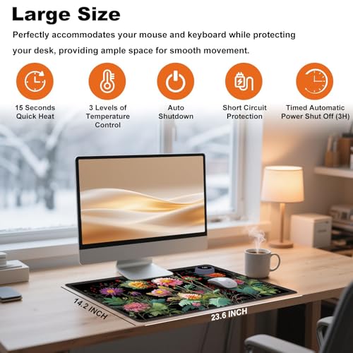 Heated Desk Pad 23.6" x 14.2" 3 Large Heated Mouse Pad with Heat Levels (40°C/45°C/50°C) & 3H Auto Shut-Off Desk Mat Fast Heating PU Leather Warmer Mousepad for Home Office - Beautiful Floral Flowers - color: Beautiful Floral Flowers, size: 23.6 x 14.2 in