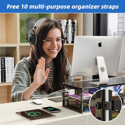 Simple Trending 2-Tier Metal Dual Monitor Stand with USB & 2 Drawers, Black | 32"W x 10"D x 7"H. USB 2.0 + charging port. 2 drawers. Mesh cooling vents. Holds 100 lbs. Non-slip base. Cable ties included.