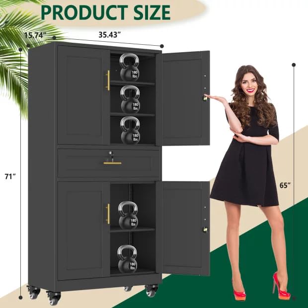 winiowa 71" Tall Metal Garage Storage Cabinet with Wheels and Locking Doors, Locking Rolling Tool Cabinet with Drawer and 3 Adjustable Shelves for Garage,Home,Office (Black) - color: Black-drawer