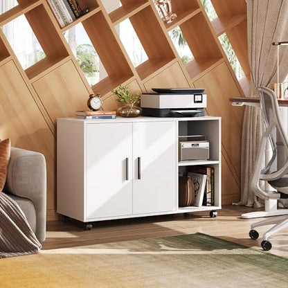 DEVAISE Office File Cabinet, Rolling Printer Stand, White - color: White