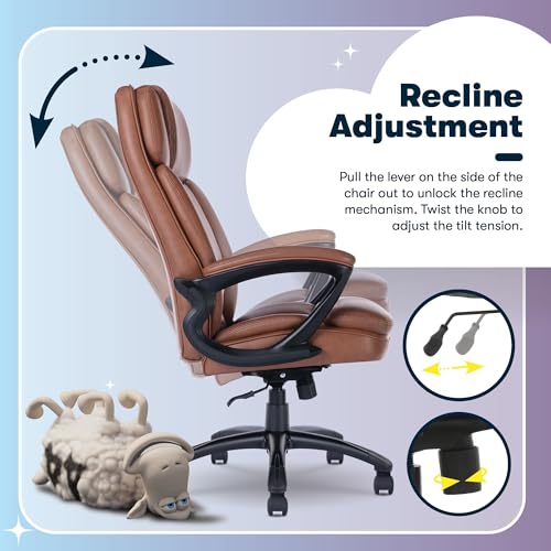 Serta Fairbanks Big & Tall Executive Office Chair, Ergonomic High-Back with Lumbar Support, Semi-Plush Seat Cushion and Body Pillows, Padded Armrests, Nylon Swivel Base, Bonded Leather, Cognac Brown - color: Cognac, size: 350 lbs