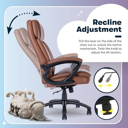 Serta Fairbanks Big & Tall Executive Office Chair, Ergonomic High-Back with Lumbar Support, Semi-Plush Seat Cushion and Body Pillows, Padded Armrests, Nylon Swivel Base, Bonded Leather, Cognac Brown - color: Cognac, size: 350 lbs