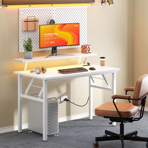 DlandHome 39" Computer Desk with Power Outlets & LED Lights, White, Bedroom - color: White + White, size: 39 Inches + Outlets